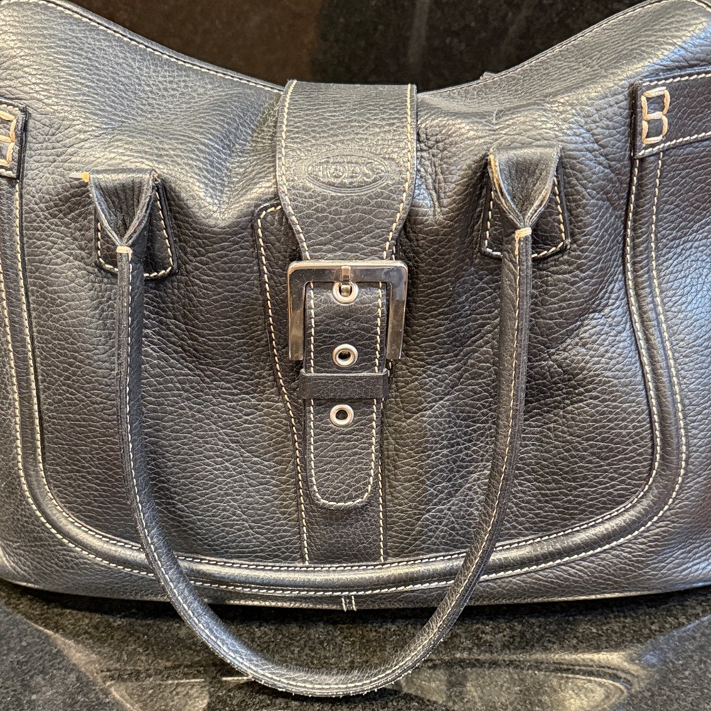 Tod's Black Leather Buckle-Front Tote